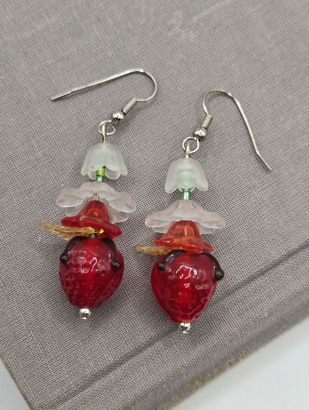 Glass Lampwork Strawberry Bead Dangle Earrings Botanical Fairy Whimsical Dainty
